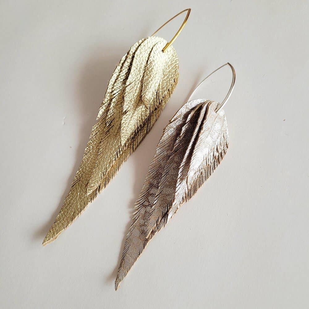 Handmade metallic Leather Feather Earrings