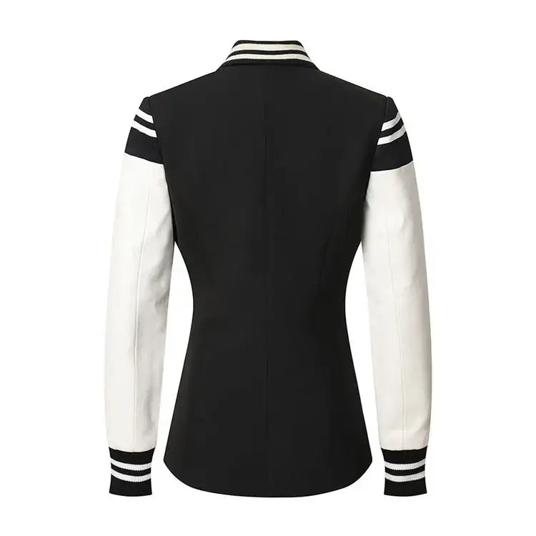 Black and white long-sleeve shirt with striped cuffs on a white background