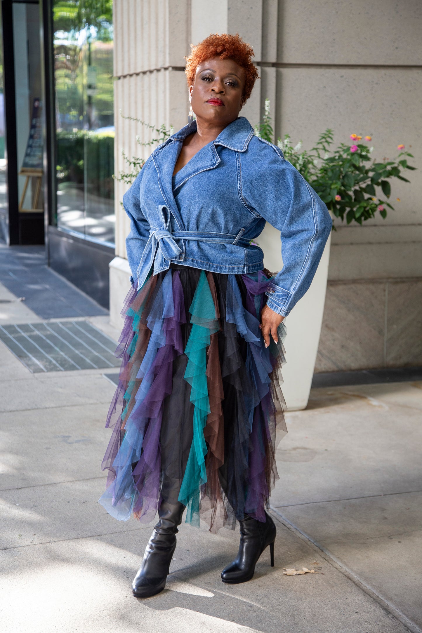 Model wearing the Trailblazer Denim Jacket and Tulle Temptation by Mode 718