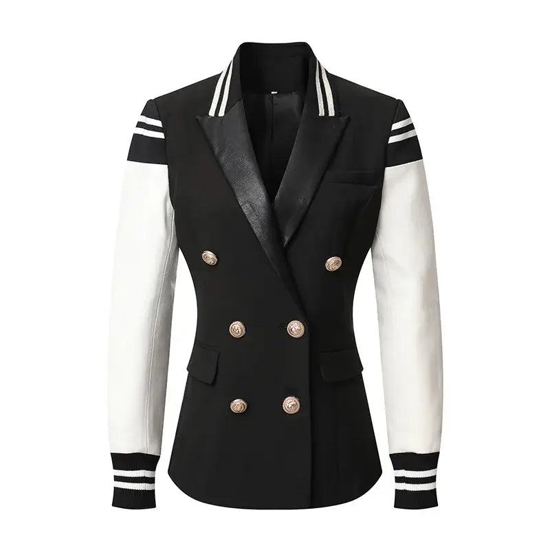 Black blazer with white sleeves and striped cuffs on a white background