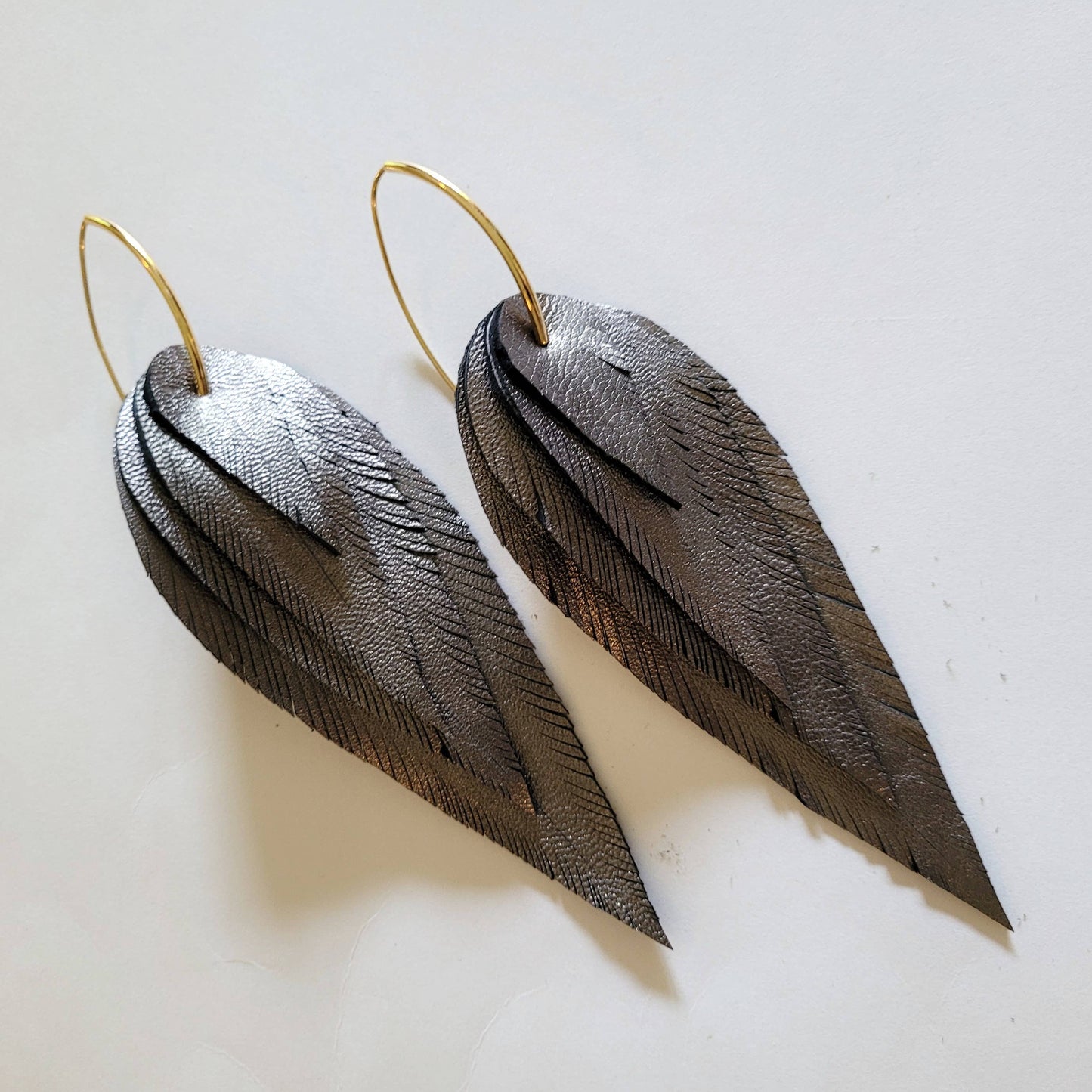 Handmade metallic Leather Feather Earrings